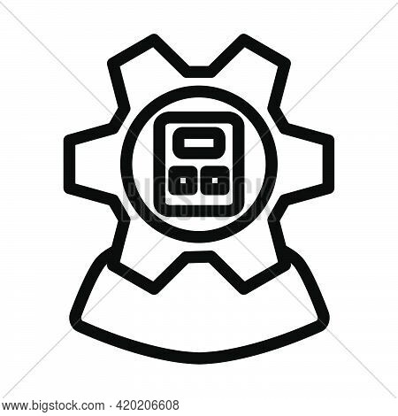 Analyst With Gear Hed And Calculator Inside Icon. Editable Bold Outline Design. Vector Illustration.