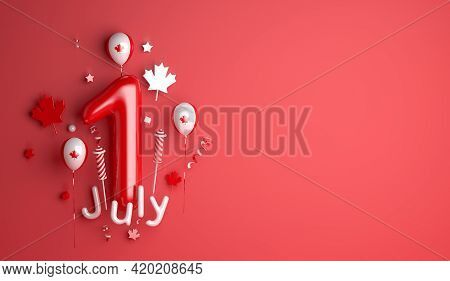 Happy Canada Day 1 July Decoration Background With Balloon Firework Maple Leaves Copy Space Text, 3d