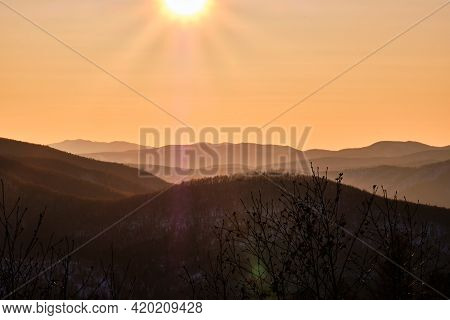 Sunset Among The Mountains On The Road Lidoga-vanino Khabarovsk Territory.