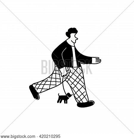 A Man Is Walking With His Dog. Caring For A Four-footed Friend. Vector Illustration In A Flat Style
