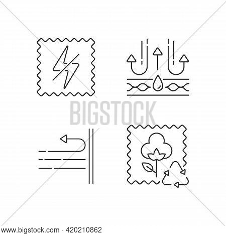 Different Fabric Features Linear Icons Set. Antistatic, Membrane And Windproof Fiber. Recycled Cotto