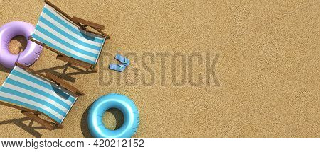 The Concept Of Summer Vacation. Top View On A Sun Lounger Under An Umbrella On The Sandy Beach, 3d R