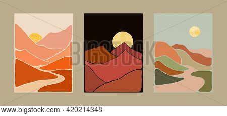 Abstract Bohemian Art Landscape Terracotta And Mint Green Tones. Boho Style. Mountain View, Sun, Moo