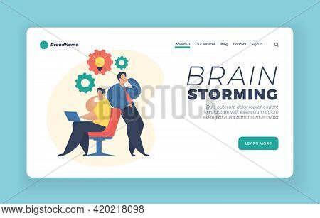 Brain Storming Landing Page Website Banner Template. Two Businessmen Sharing Thoughts And Ideas. Bra