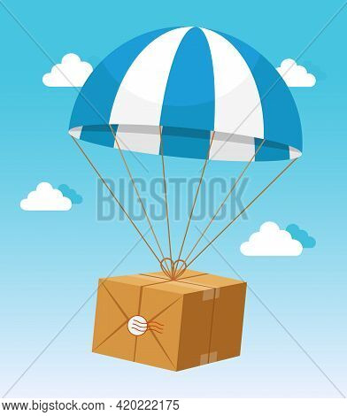 Blue And White Parachute Holding Delivery Cardboard Box On Light Blue Sky Background With Clouds