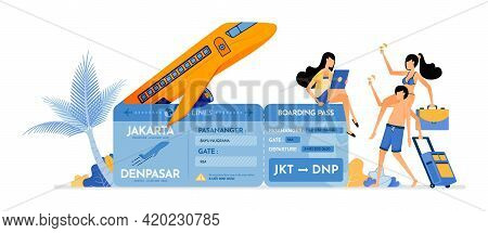 People Invite Friends To Buy Plane Tickets For Summer Vacation To Tropical Island. Purchase Of Ticke