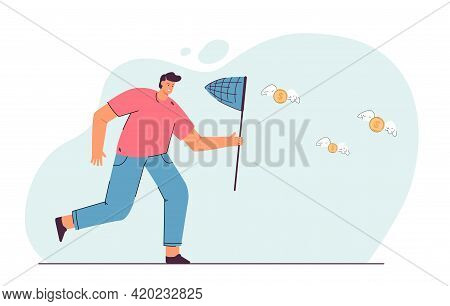 Man Catching Winged Coins With Butterfly Net. Flat Vector Illustration. Male Cartoon Character Achie