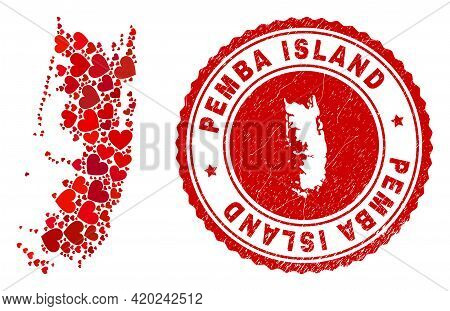 Collage Pemba Island Map Created From Red Love Hearts, And Corroded Seal Stamp. Vector Lovely Round 