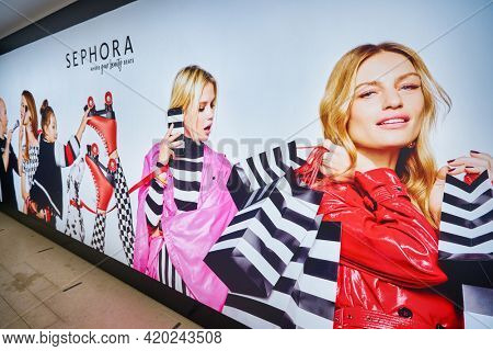 KUALA LUMPUR, MALAYSIA - JANUARY 18, 2020: Sephora ad as seen in Fahrenheit 88 shopping mall in Kuala Lumpur.
