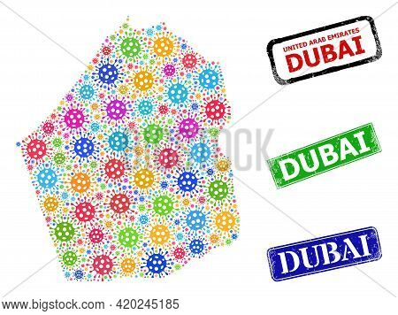 Vector Covid-2019 Mosaic Dubai Emirate Map, And Grunge Dubai Seal Stamps. Vector Colored Dubai Emira