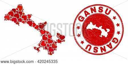 Mosaic Gansu Province Map Designed With Red Love Hearts, And Unclean Seal Stamp. Vector Lovely Round