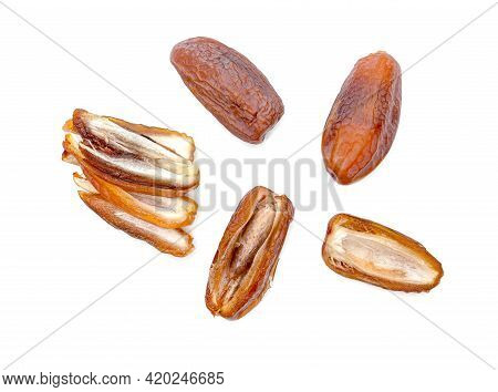 Dry Dates Palm Sliced Isolated On White Background.