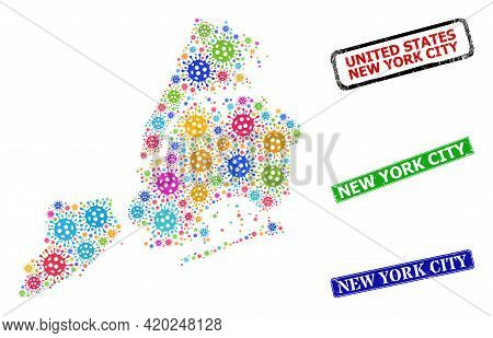 Vector Virus Collage New York City Map, And Grunge New York City Seal Stamps. Vector Multi-colored N