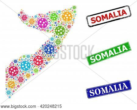 Vector Coronavirus Mosaic Somalia Map, And Grunge Somalia Seal Stamps. Vector Multi-colored Somalia 