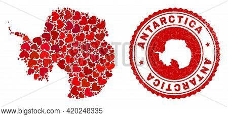 Mosaic Antarctica Continent Map Formed With Red Love Hearts, And Rubber Badge. Vector Lovely Round R
