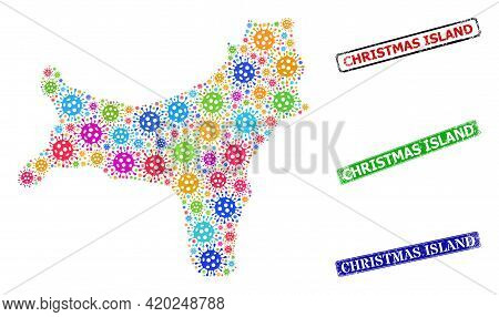 Vector Covid Collage Christmas Island Map, And Grunge Christmas Island Badges. Vector Colorful Chris