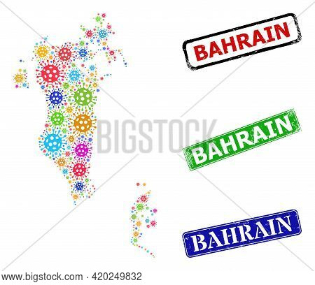 Vector Contagious Collage Bahrain Map, And Grunge Bahrain Seals. Vector Vibrant Bahrain Map Collage,