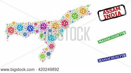 Vector Virus Collage Assam State Map, And Grunge Massachusetts Seals. Vector Multi-colored Assam Sta