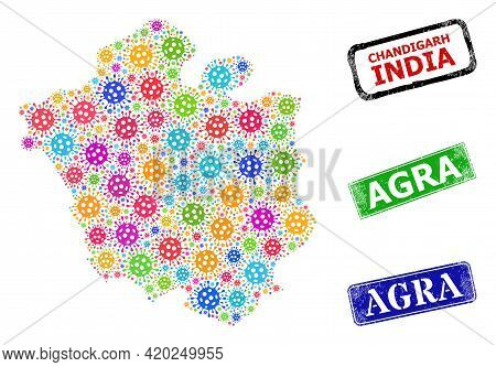 Vector Virulent Collage Chandigarh City Map, And Grunge Agra Seal Stamps. Vector Colored Chandigarh 