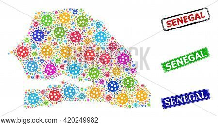 Vector Contagious Mosaic Senegal Map, And Grunge Senegal Seal Stamps. Vector Multi-colored Senegal M