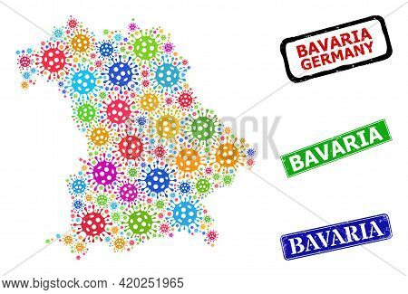 Vector Virulent Collage Bavaria Land Map, And Grunge Bavaria Stamps. Vector Colorful Bavaria Land Ma