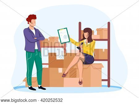 Moving Company Business. Family Relocated To New Home. Package With Household Thing. Signing The Doc