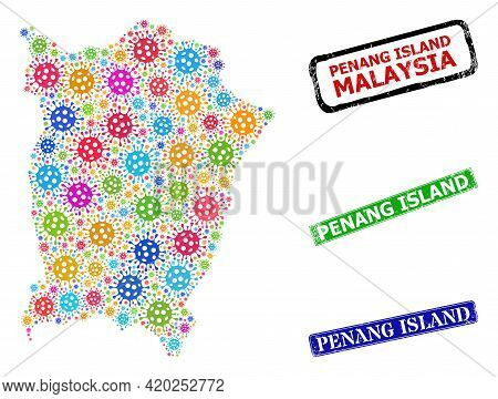 Vector Viral Collage Penang Island Map, And Grunge Penang Island Stamps. Vector Colorful Penang Isla