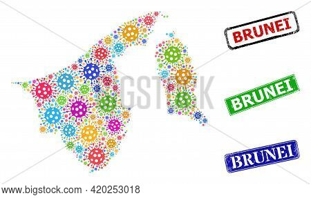 Vector Contagious Mosaic Brunei Map, And Grunge Brunei Seals. Vector Vibrant Brunei Map Mosaic, And 