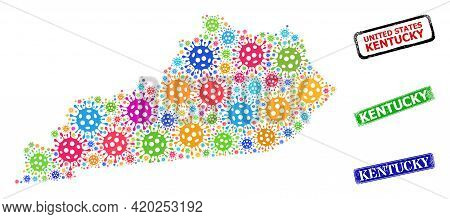Vector Virus Mosaic Kentucky State Map, And Grunge Kentucky Seal Stamps. Vector Multi-colored Kentuc