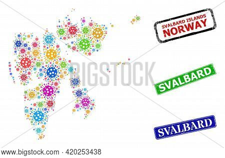 Vector Covid-2019 Collage Svalbard Islands Map, And Grunge Svalbard Stamps. Vector Vibrant Svalbard 