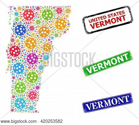 Vector Covid Mosaic Vermont State Map, And Grunge Vermont Seal Stamps. Vector Colored Vermont State 