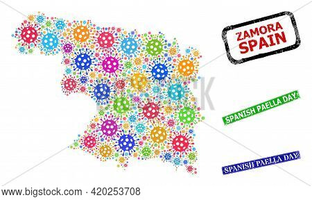 Vector Infection Mosaic Zamora Province Map, And Grunge Spanish Paella Day Seals. Vector Multi-color