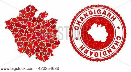 Mosaic Chandigarh City Map Formed From Red Love Hearts, And Rubber Seal Stamp. Vector Lovely Round R
