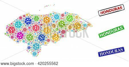 Vector Cell Mosaic Honduras Map, And Grunge Honduras Seal Stamps. Vector Vibrant Honduras Map Mosaic