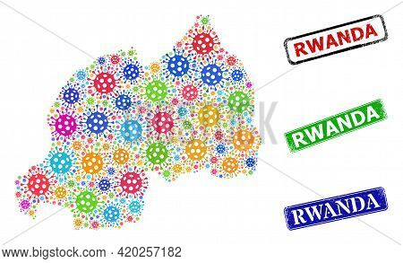 Vector Infection Mosaic Rwanda Map, And Grunge Rwanda Seals. Vector Colored Rwanda Map Collage, And 