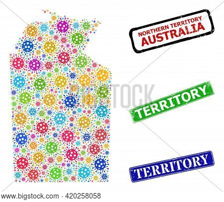 Vector Bacterium Mosaic Australian Northern Territory Map, And Grunge Territory Seal Stamps. Vector 