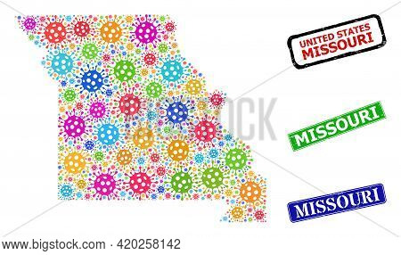 Vector Contagious Collage Missouri State Map, And Grunge Missouri Stamps. Vector Colored Missouri St