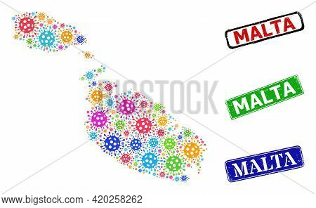 Vector Bacterium Collage Malta Map, And Grunge Malta Stamps. Vector Colored Malta Map Collage, And M