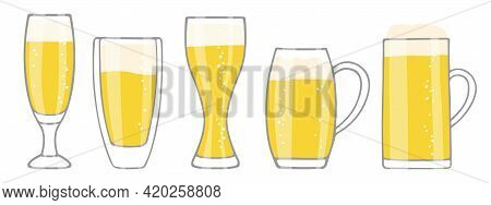 Set Of Beer Glasses Isolated On White. Five Different Shapes Glasses Of Beer With Foam And Bubbles. 