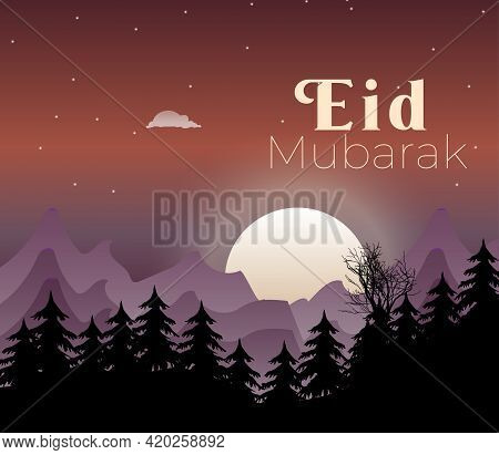 Eid Mubarak Design With Beautiful Full Moon Night Landscape Background. Vector Illustration.