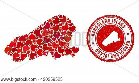 Collage Kahoolawe Island Map Created With Red Love Hearts, And Unclean Stamp. Vector Lovely Round Re