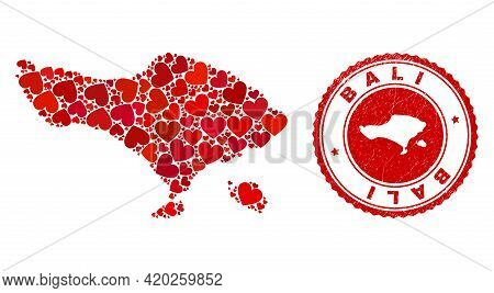 Collage Bali Map Composed From Red Love Hearts, And Rubber Stamp. Vector Lovely Round Red Rubber Sta
