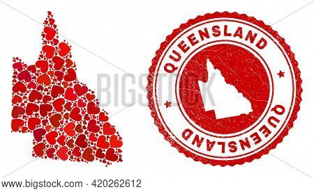 Collage Australian Queensland Map Designed With Red Love Hearts, And Corroded Seal Stamp. Vector Lov