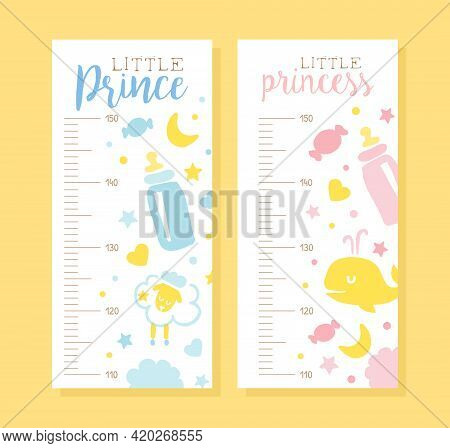 Meter Wall Height Chart In Pastel Colors Set , Prince And Princess Stadiometer Cartoon Vector Illust