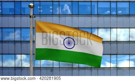 3D Illustration Indian Flag Waving In A Modern Skyscraper City. Beautiful Tall Tower With India Bann