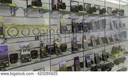 Camera Showcase For Nikon Camera In Bangkok, Thailand - June 29, 2020,  The Clear Glass Enclosure Di
