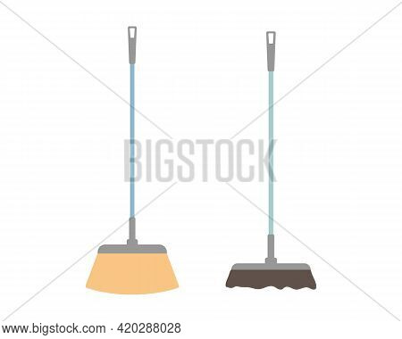 Two Kinds Of Floor Broom. Set Cleaning Brush, Mop. Sweep The Floor, Road, Inside And Outside. Cleani