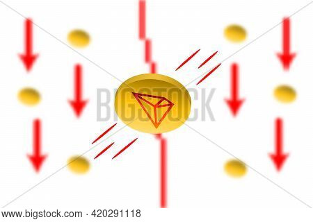 Tron Fall. Red Arrow Down With Gaussian Blur Effect Background. Tron Trx Market Crash. Red Chart Dow