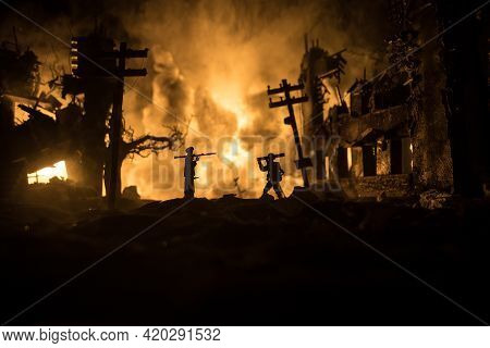 Military Soldiers Silhouettes With Bazooka And Rpg. War Concept. Military Silhouettes Fighting Scene