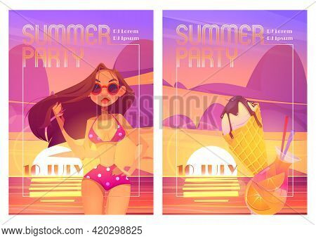 Summer Party Posters With Woman In Bikini, Cocktail And Ice Cream On Background Of Sea At Sunset. Ve